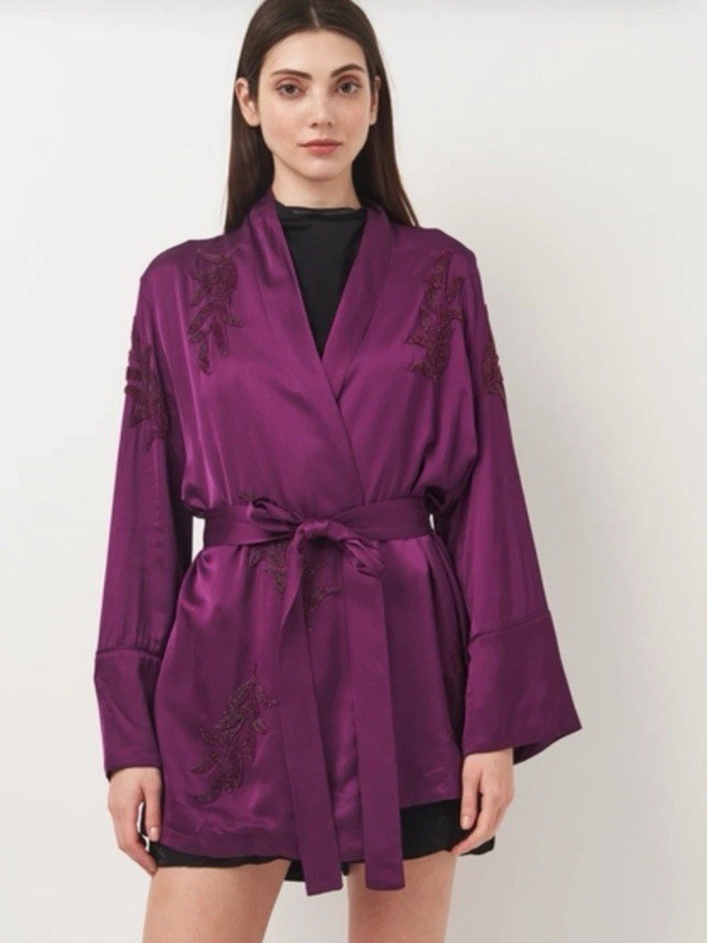 Zara Purple Beaded Satin Kimono *No Belt*